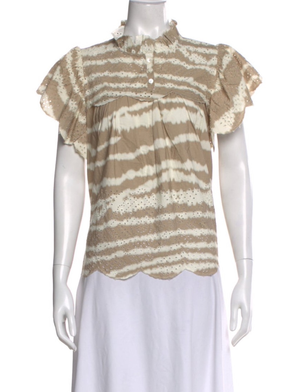 Sea New York Beige & Ivory Scalloped Eyelet Short Sleeve Blouse
